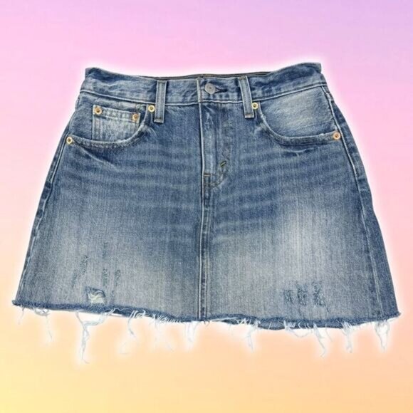 LEVI'S Distressed Cut-Off Denim Mini Skirt Sz 25 Blue Yellow Wash - Picture 1 of 6